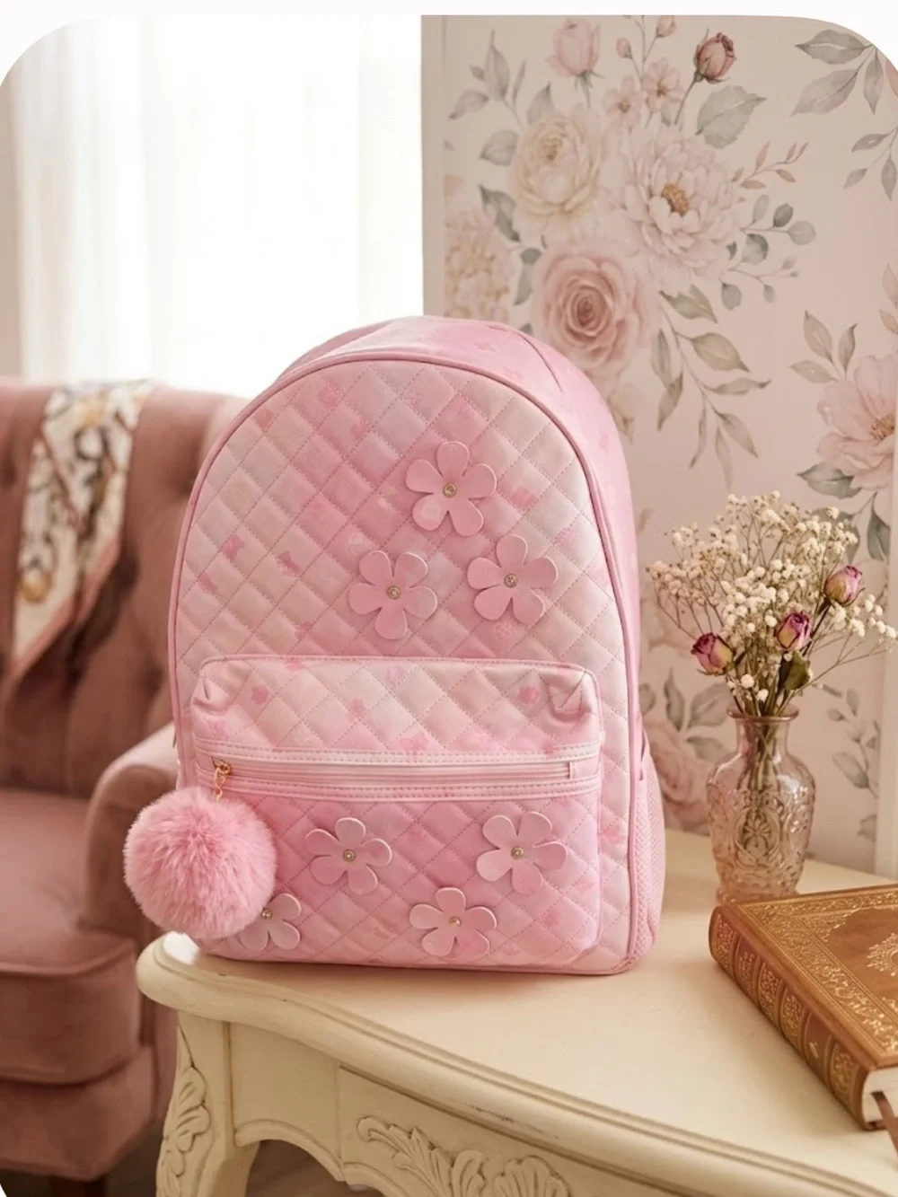 Kids Pink Floral Quilted Backpack with Pom Pom